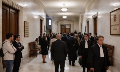 Entrada a las salas de juicio llena de personas