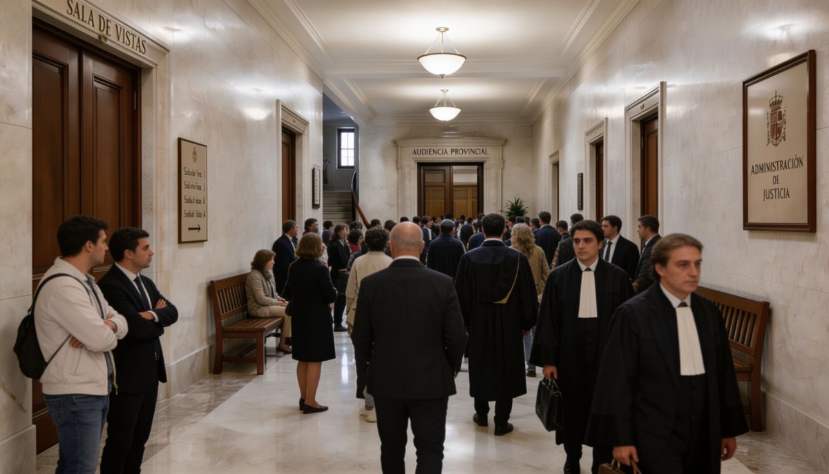 Entrada a las salas de juicio llena de personas