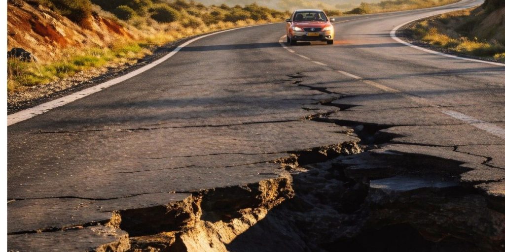 Socavón en una carretera y coche acercándose