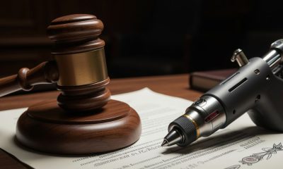 Pistola de tatuaje junto a un mazo de juez