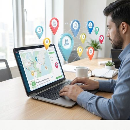 Una persona teletrabajando y con el control de geolocalización