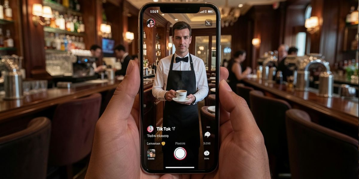 Un móvil con el video del un camarero en TikTok