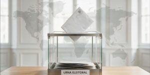 Urna electoral con un mapa del mundo de fondo
