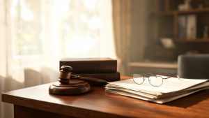 Mesa de despacho jurídico con documentos notariales, libros de derecho y mazo judicial en un entorno profesional.