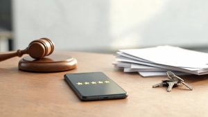 Mazo judicial junto a un teléfono móvil y documentos laborales en un escritorio.