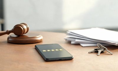 Mazo judicial junto a un teléfono móvil y documentos laborales en un escritorio.