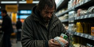 Hombre cogiendo comida en el supermercado