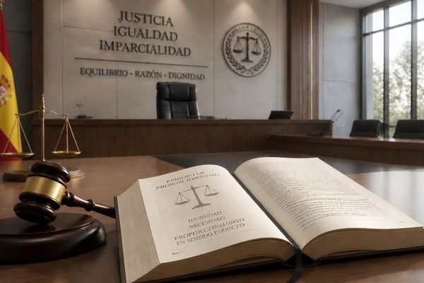 Sala de vistas y balanza de la justicia