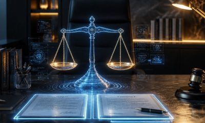 Balanza de justicia y escrito en un entorno digital