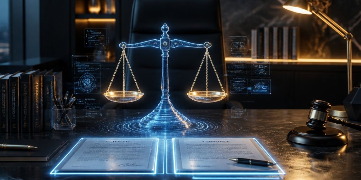 Balanza de justicia y escrito en un entorno digital