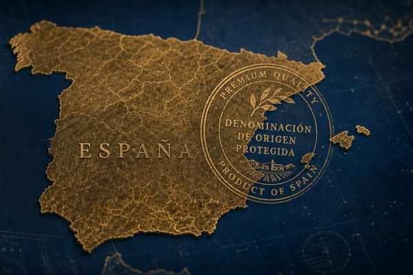 Mapa de España y sello de denominación de origen