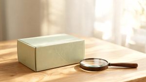Envases comerciales y lupa en una mesa que representan la verificación de afirmaciones ecológicas en productos.