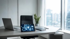 Escritorio de despacho con ordenador y tablet mostrando gráficos conceptuales de datos y tecnología.