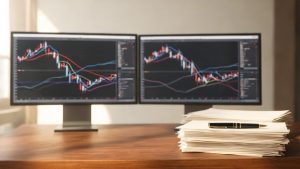 Pantallas con gráficos bursátiles y documentos financieros sobre un escritorio corporativo.