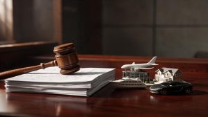 Mazo judicial sobre una mesa junto a documentos financieros y fiscales.