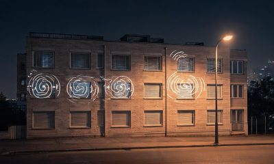 Fachada de un edificio residencial de noche iluminada por farolas urbanas