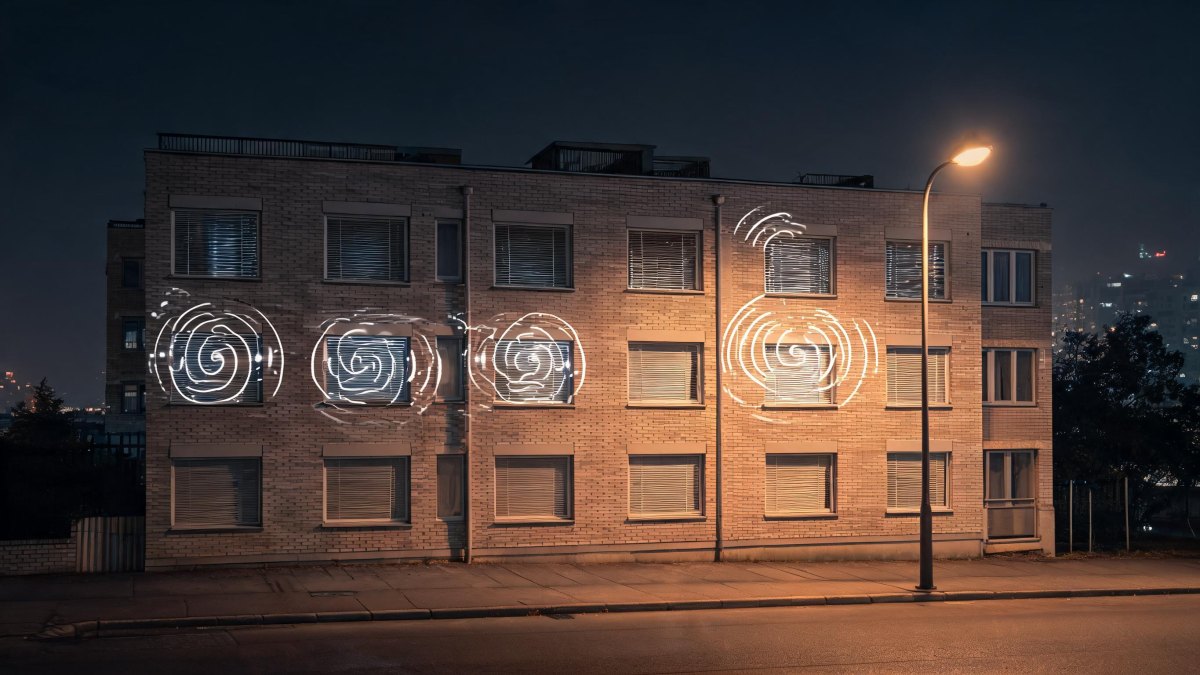 Fachada de un edificio residencial de noche iluminada por farolas urbanas
