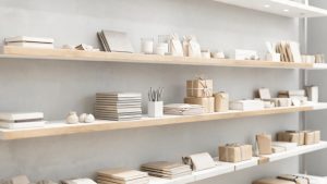 Estanterías de una tienda de regalos y papelería con productos comerciales desenfocados de fondo.