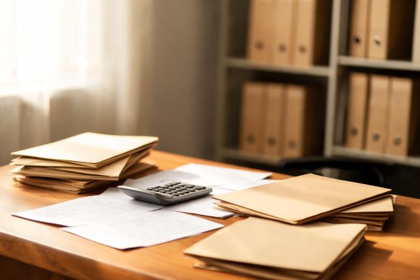 Minutas y facturas de honorarios profesionales sobre una mesa de trabajo jurídico.
