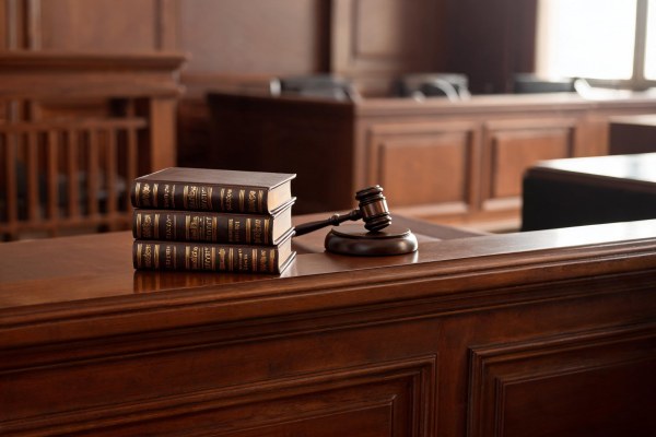 Estrado judicial con códigos legales en una sala de vistas.