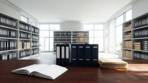 Documentos oficiales y expedientes administrativos sobre una mesa de trabajo institucional.