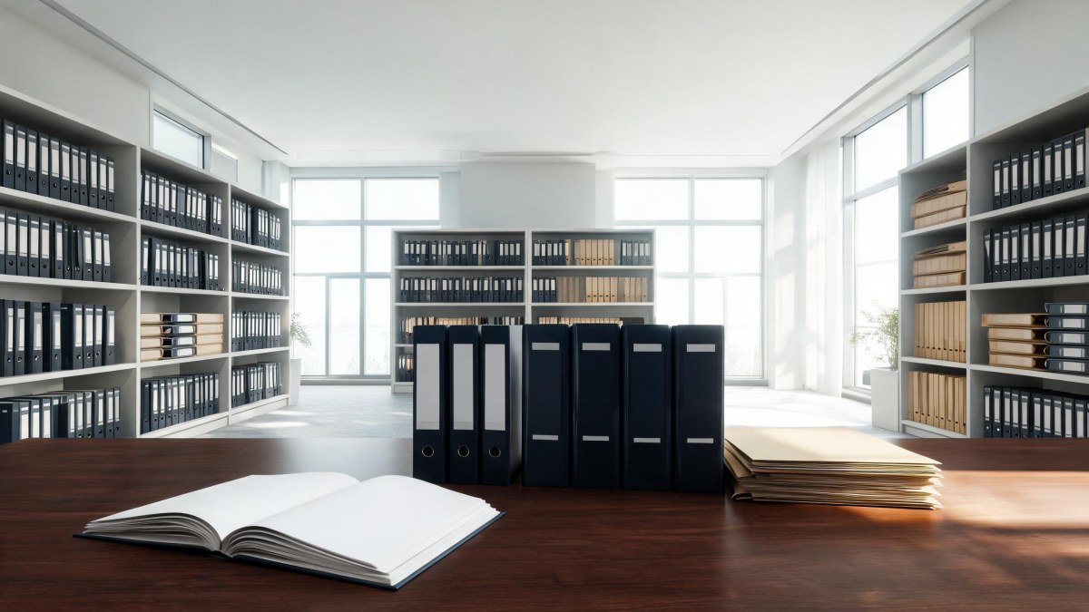 Documentos oficiales y expedientes administrativos sobre una mesa de trabajo institucional.