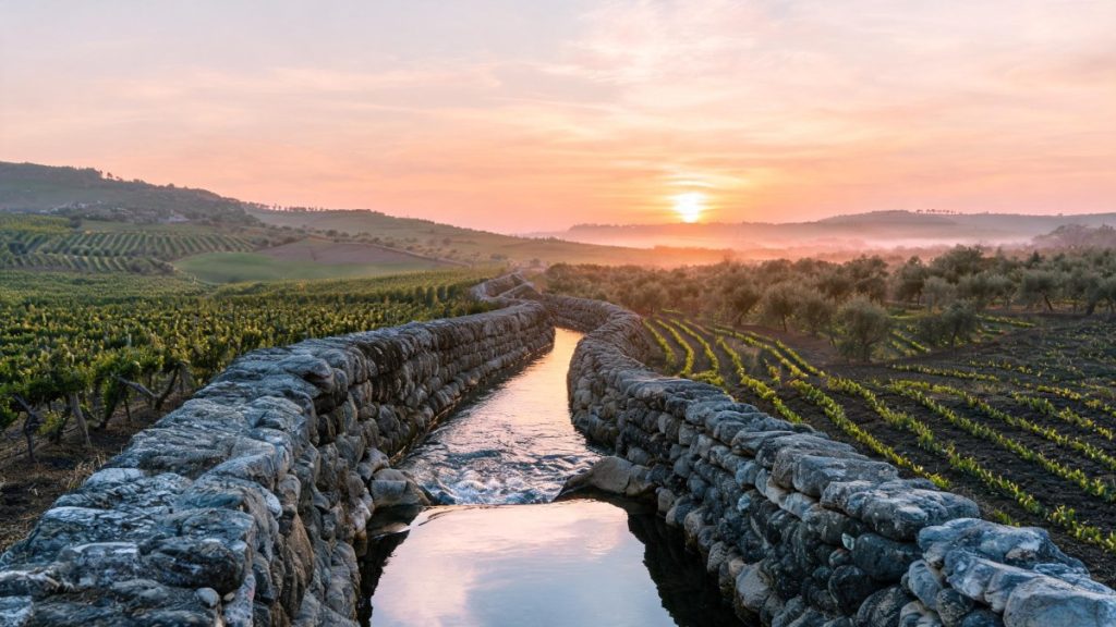 Canal de riego tradicional de piedra con agua fluyendo en un paisaje agrario