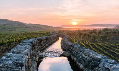 Canal de riego tradicional de piedra con agua fluyendo en un paisaje agrario