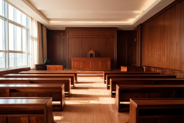 Sala de vistas judicial vacía con estrados y mobiliario de madera.