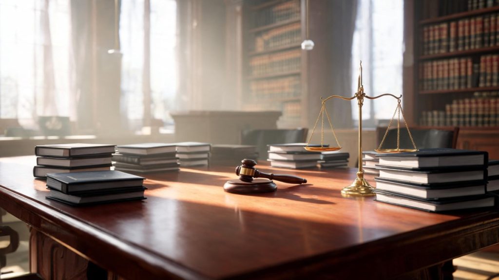 Mesa de despacho jurídico con documentos contractuales, mazo y balanza de la justicia.
