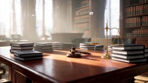 Mesa de despacho jurídico con documentos contractuales, mazo y balanza de la justicia.