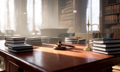 Mesa de despacho jurídico con documentos contractuales, mazo y balanza de la justicia.