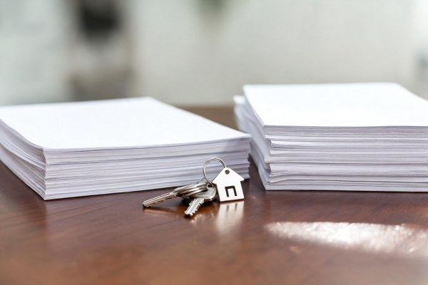 Documentos de titularidad inmobiliaria y llaves sobre un escritorio jurídico.