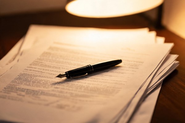 Documentación contractual y estilográfica sobre una mesa de trabajo