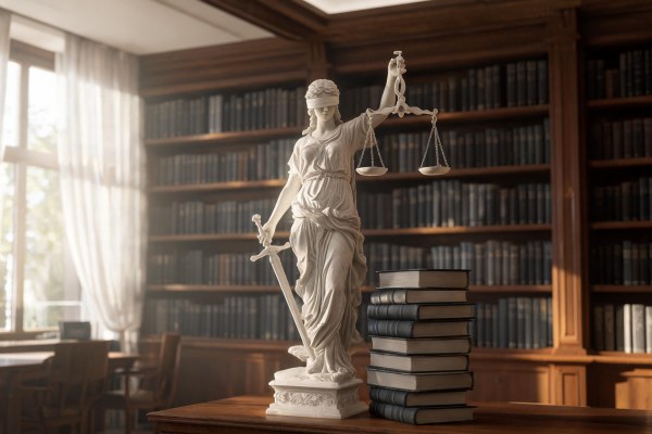 Estatua representativa de la justicia junto a códigos jurídicos en una biblioteca