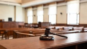 Mazo judicial sobre mesa de madera en una sala de vistas