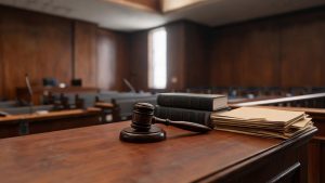 Mazo de juez y códigos penales sobre una mesa de madera en una sala judicial.