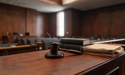 Mazo de juez y códigos penales sobre una mesa de madera en una sala judicial.