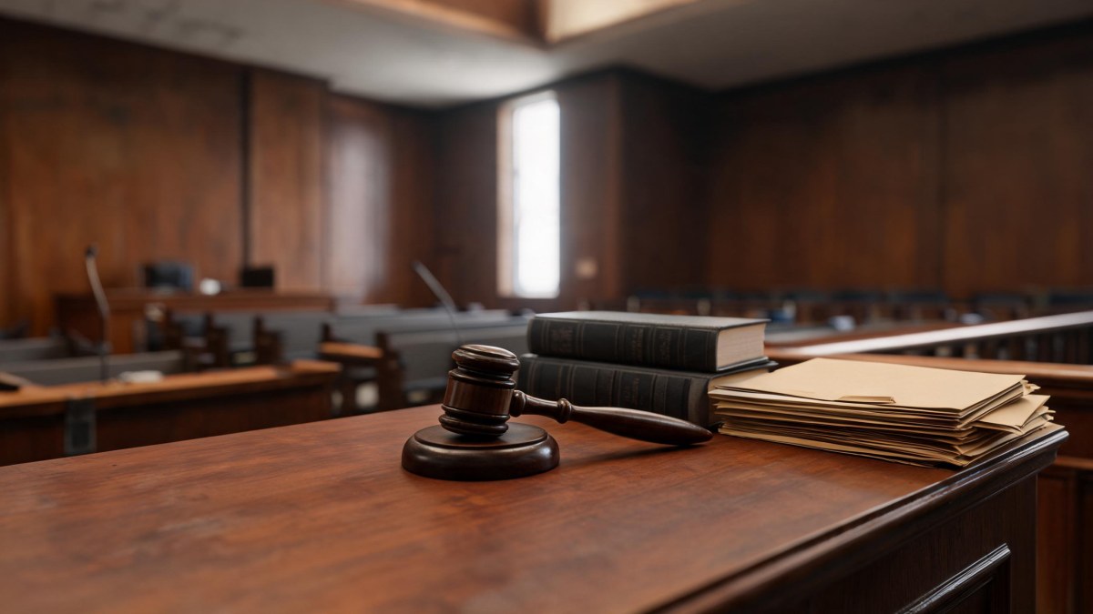 Mazo de juez y códigos penales sobre una mesa de madera en una sala judicial.