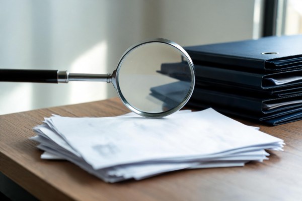 Lupa examinando informes periciales y expedientes policiales sobre un escritorio.