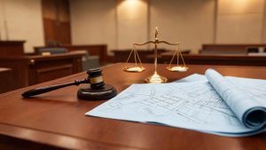 Mazo judicial sobre una mesa junto a planos técnicos en un entorno institucional.