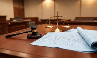 Mazo judicial sobre una mesa junto a planos técnicos en un entorno institucional.