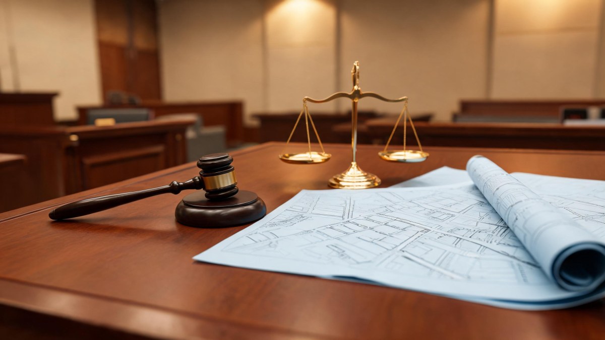 Mazo judicial sobre una mesa junto a planos técnicos en un entorno institucional.