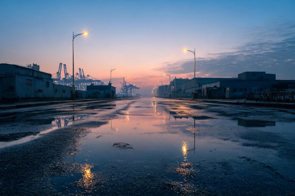 Calzada de una zona portuaria mojada por la lluvia durante la noche.