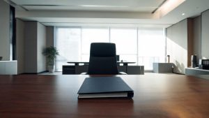 Mesa de oficina vacía con una carpeta de investigación confidencial cerrada sobre la mesa de madera.
