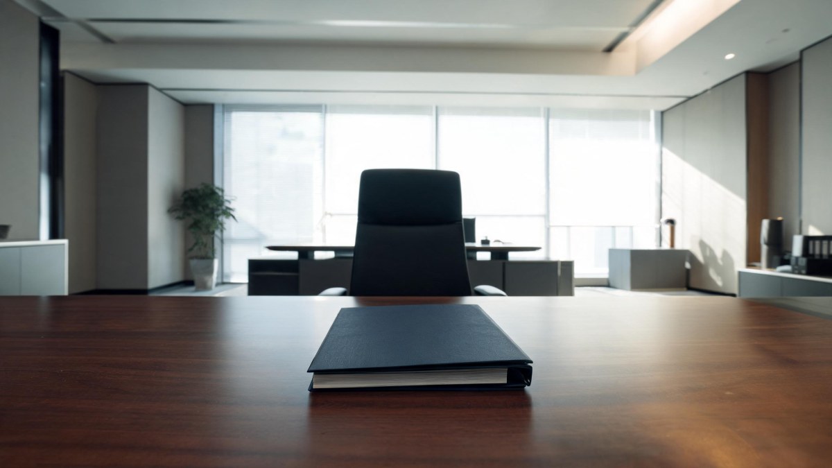 Mesa de oficina vacía con una carpeta de investigación confidencial cerrada sobre la mesa de madera.
