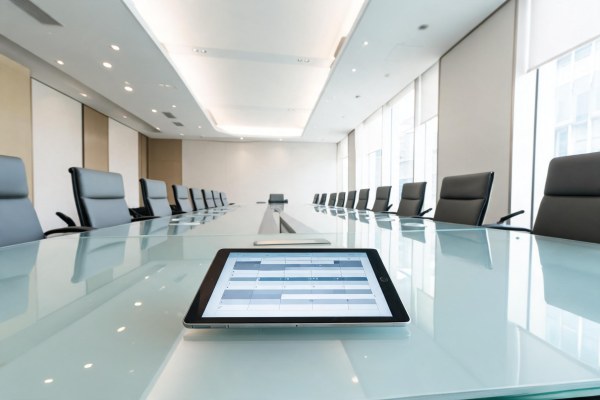 Sala de reuniones corporativa vacía con un dispositivo digital sobre una mesa de cristal.