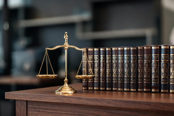 Balanza de la justicia de latón sobre una estantería de madera en un entorno jurídico.