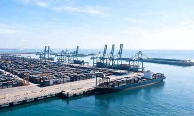 Vista general de terminal de contenedores y dársena portuaria con grúas y muelles.