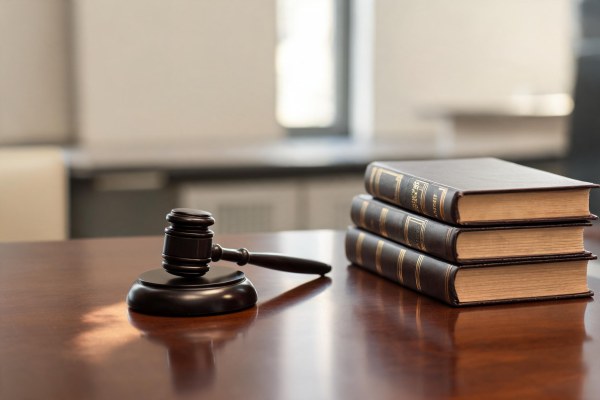 Mazo de juez y libros jurídicos en un entorno judicial.